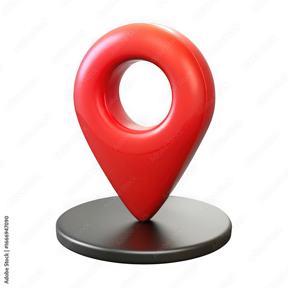 Poster red 3d location pin icon on a metallic base with black background map marker navigation isolated on 