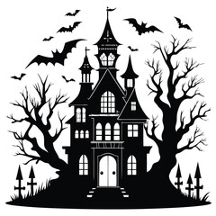 Spooky Halloween Silhouette Haunted House with Bats, Bare Trees, and a Creepy Fence