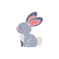 Cute cartoon rabbit sitting sideways with fluffy tail and colorful ears against a white background