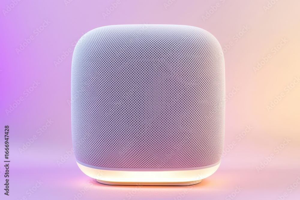 Poster modern square wireless speaker with soft glow and gradient background for minimalist aesthetic