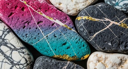 Artistic Display of Naturally Textured Stones with Intricate Golden Veins and Vibrant Color Gradients Close Up Photography