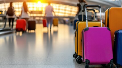 Colorful Travel Luggage on Airport Terminal Floor in Afternoon Sunlight with Travelers in Background