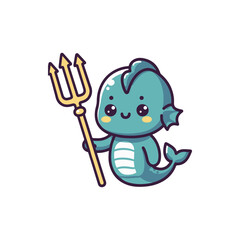 Cute cartoon sea creature holding a trident, smiling with a playful demeanor in a colorful underwater scene