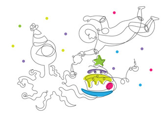 One line drawing of an astronaut and an alien celebrating a birthday