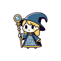 Cute cartoon wizard holding a staff with a glowing orb, set against a simple white background