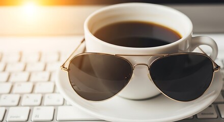 Coffee break with aviator sunglasses on a laptop keyboard showcasing modern work life and relaxation techniques promoting work life balance and a stylish professional atmosphere