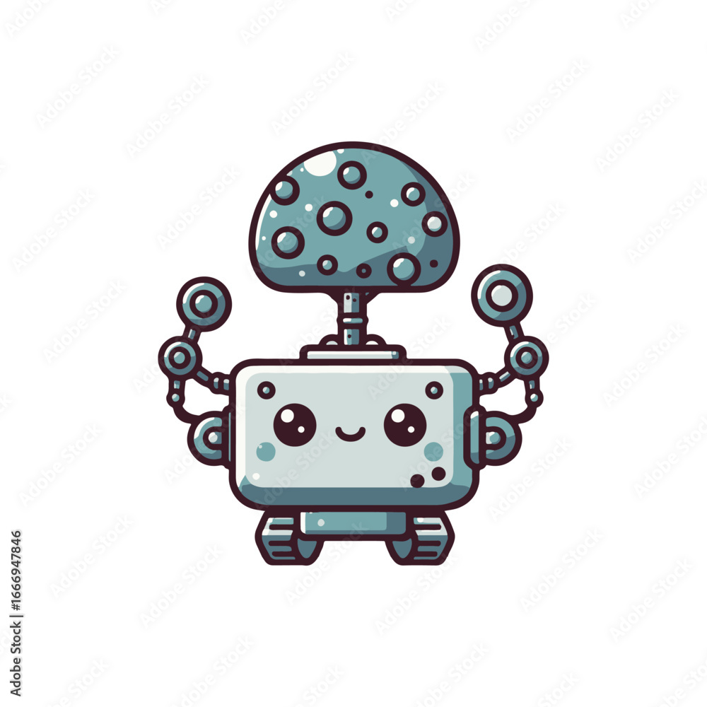 Poster cute robot character with a mushroom head, smiling and holding objects, playful design