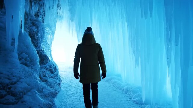 Exploring Frozen Wonders: Person Walking Through a Stunning Ice Cave Landscape