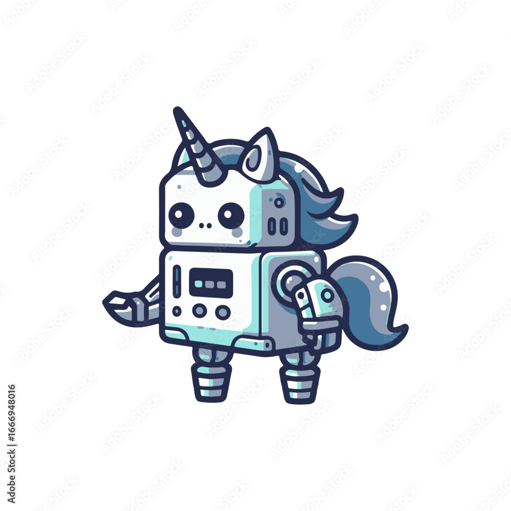 Poster cute robotic unicorn character with a friendly expression, standing against a simple background