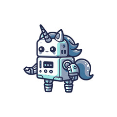 Cute robotic unicorn character with a friendly expression, standing against a simple background © kumara