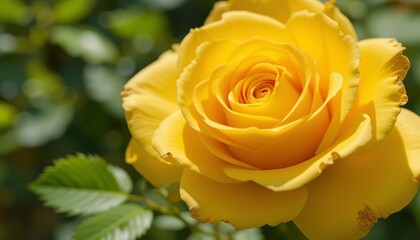 Obraz premium Bright Yellow Rose in Full Bloom ✔ Fresh Green Leaves ✔ Symbol of Joy & Friendship