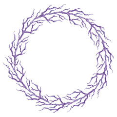 Watercolor wreath of intertwined purple branches forming a circle on a transparent background. Hand drawn. Perfect for Halloween frames, invitations, posters, and spooky-themed crafts.