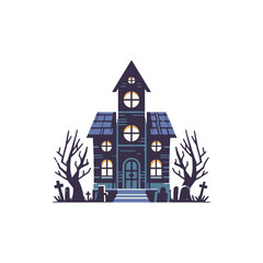 Spooky haunted house with graveyard and bare trees, set against a twilight sky
