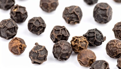 Black Peppercorns on Isolated White Background – Whole Grounding Spices with Glossy Surface and Sharp Macro Focus