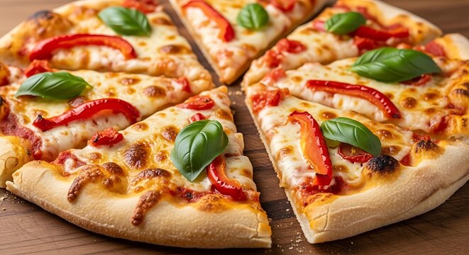 Delicious pizza with mozzarella cheese basil leaves and red peppers close up shot showcasing the golden crust and tempting toppings perfect for food photography and culinary enthusiasts