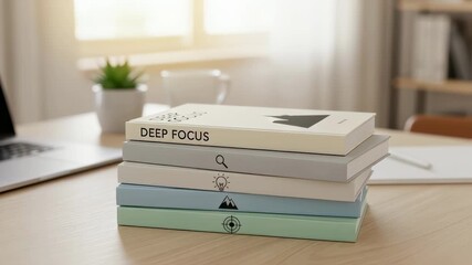 A stack of motivational books about concentration and productivity with minimalist covers and a serene workspace background symbolizing the pursuit of focus and selfimprovement