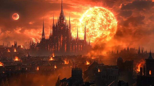 Apocalyptic Fantasy City Burning Under a Giant Fiery Sun and Ominous Red Sky.