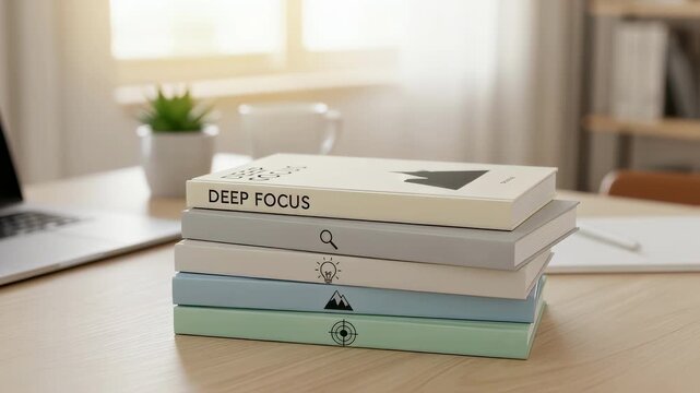 A stack of motivational books about concentration and productivity with minimalist covers and a serene workspace background symbolizing the pursuit of focus and selfimprovement