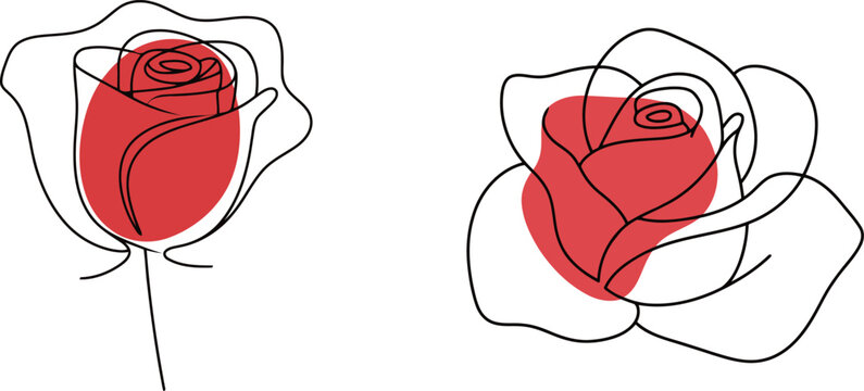 Two elegant rose flower illustrations in continuous line art with a red circle.