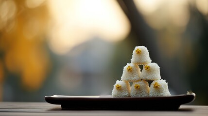 Osmanthus Cake Pyramid for Double Ninth Festival on Lacquer Tray, Wood Grain Foreground and Sunset Autumn Light Ambience