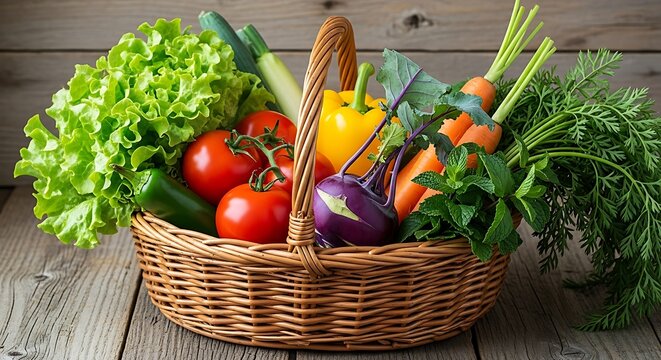 Fresh organic vegetables in a wicker basket on a rustic wooden table offering a colorful array of locally sourced produce ready for a healthy meal