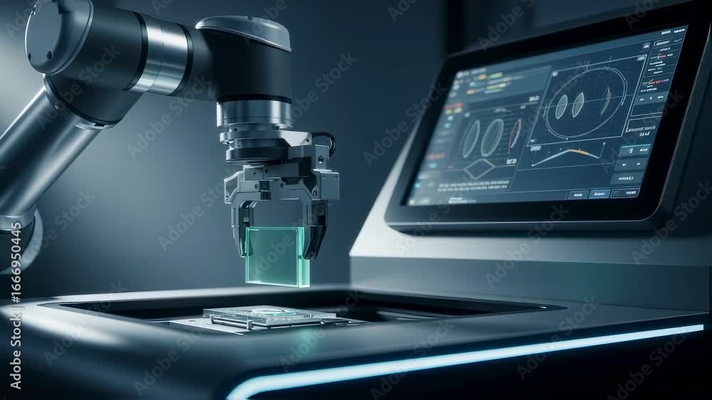 Poster side angle of a robotic arm positioning an ophthalmic freeformlens surfacing block into a digital ma