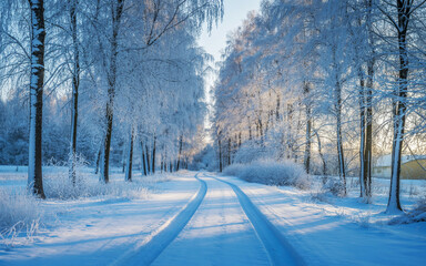 Obraz premium Serene winter pathway lined with frosted trees bathed in soft golden sunlight