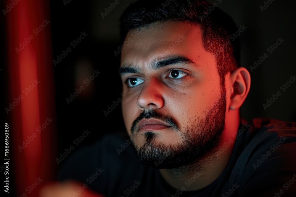 Aufkleber intense focused man staring at computer screen with red ambient light in a dimly lit room