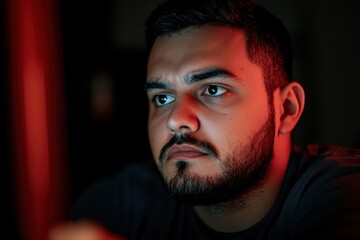 Obraz premium Intense Focused Man Staring at Computer Screen with Red Ambient Light in a Dimly Lit Room