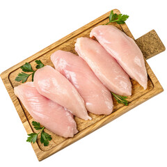 Filets of raw chicken fillet on a wooden board isolated on transparent background  
