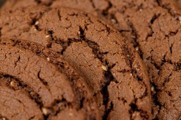 chocolate biscuits with cocoa and sesame, close up