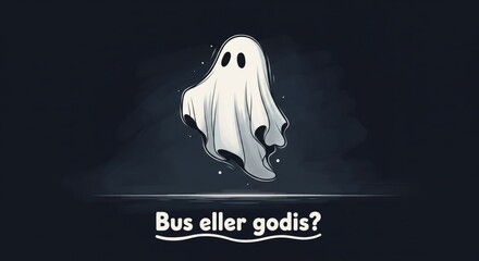 Bus eller godis? This minimalist design features a classic ghost character floating above a line of text, creating a clean and modern Halloween-themed graphic.