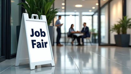 A-frame sign advertises job fair. Modern office interior with people networking. Clear visibility ensures easy communication for employment opportunity gathering. Inviting atmosphere for career