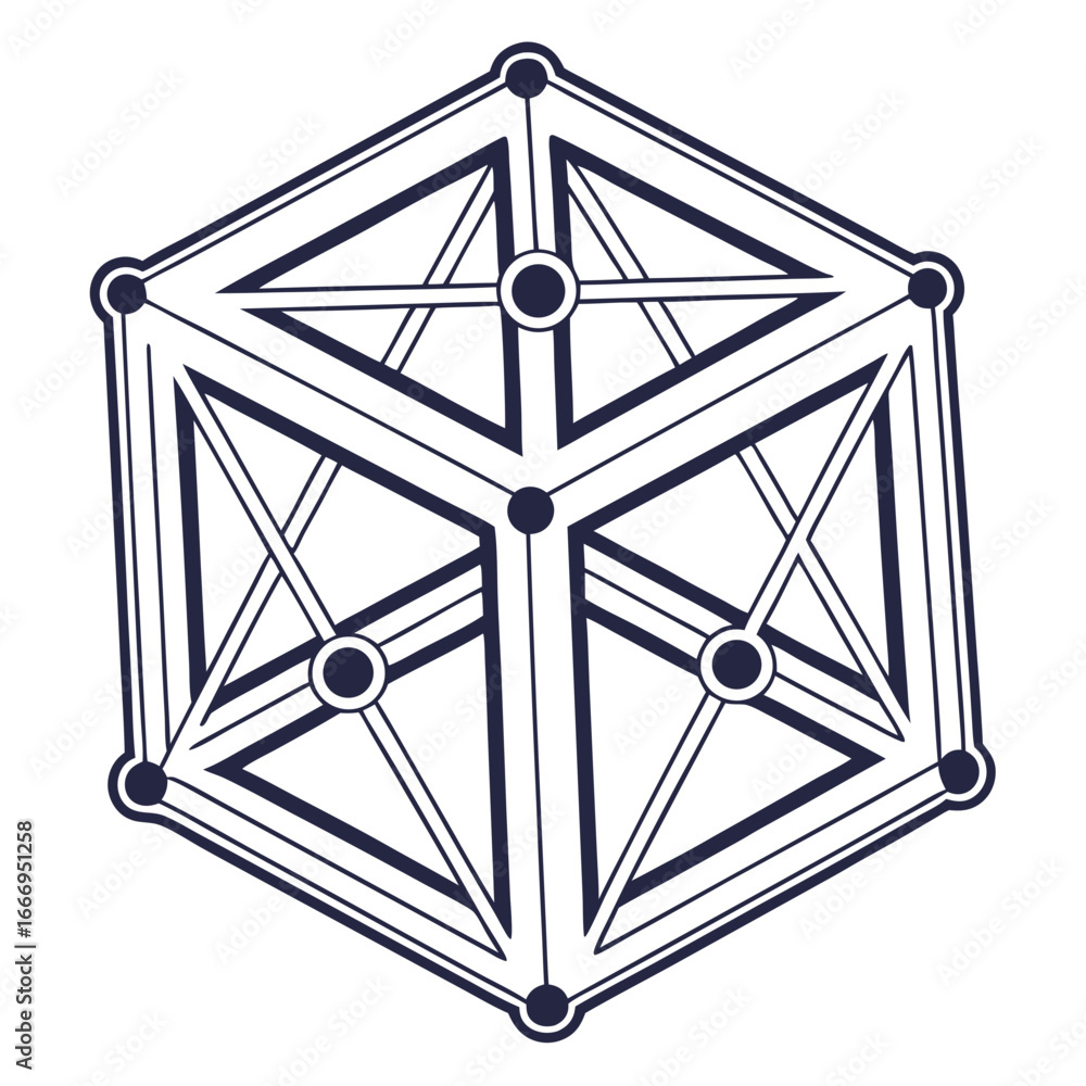 Poster abstract geometric cube structure with lines and dots in dark blue