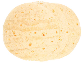 Stack of fresh flour tortillas isolated on white background