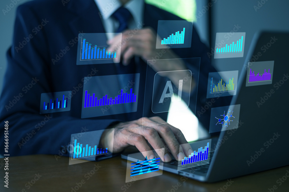 Aufkleber businessman thinking with ai hologram charts and data visualization floating above laptop showing fi