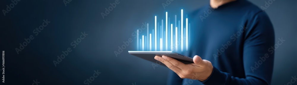 Aufkleber man holding tablet with digital graphs in futuristic background
