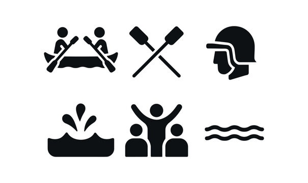 vector solid black filled icons canoe jousting (competition): two canoes padded poles helmets splash crowd cheering open water.