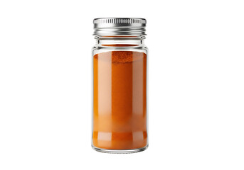 A clear glass spice jar, filled with vibrant orange spice powder, is displayed against a pure black background.