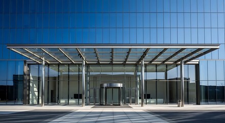 Obraz premium Modern glass office building entrance with a large canopy and revolving door under a clear blue sky, showcasing contemporary architecture.