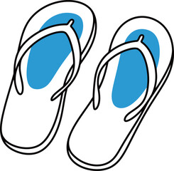 A continuous line drawing of a pair of flip-flops with blue soles, on a white background.