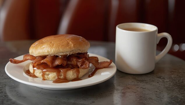 Crispy bacon butty with brown sauce served beside mug of builder’s tea