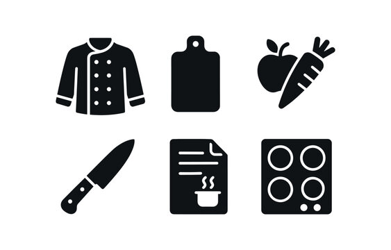 vector solid black filled icons vocational training (culinary): chef coats cutting boards fresh produce knives recipe sheets stove.