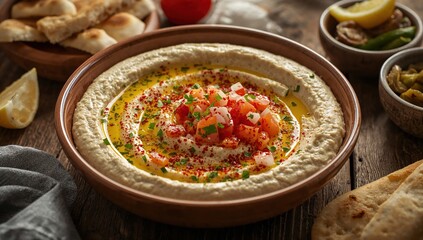 Obraz premium Creamy Hummus Beiruti with pita bread, lemon wedges, and vegetables