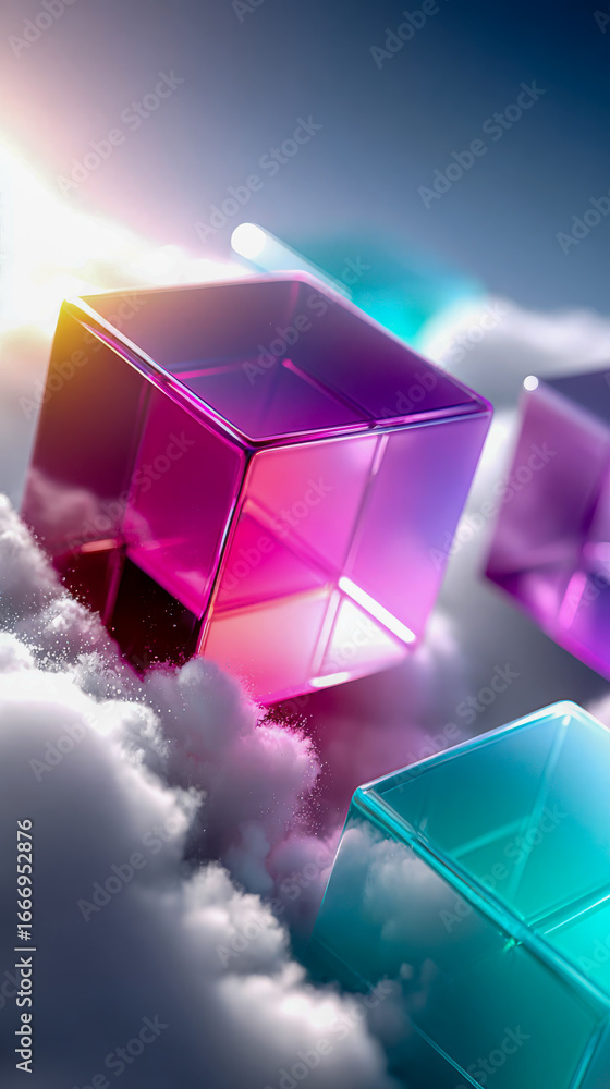 Poster vibrant glowing cubes with embedded clouds and neon reflections on a glossy surface