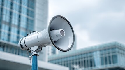 Public address system positioned in front of modern building.
