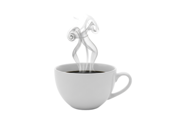 A steaming white coffee cup with swirling, abstract steam against a black background.