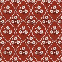 Rustic Romantic Meadow autumn fall Flowers and scallop rhombuses Vector Seamless Pattern. Cottagecore Garden Flowers print