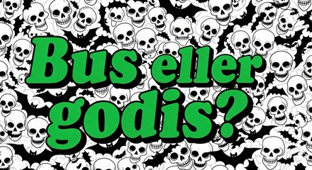 Bus eller godis? This seamless pattern features a dense mix of skulls and bats with bold red text overlay, creating a graphic and edgy Halloween design.