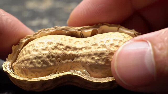 A close-up shows fingers holding an open peanut, revealing the inside nuts